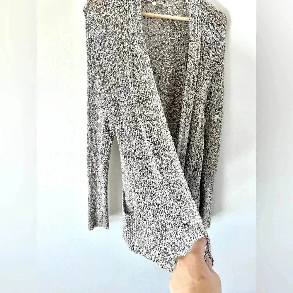 Eileen Fisher Grey & White Open Knit Drape Front Long Line Cotton Cardigan Large